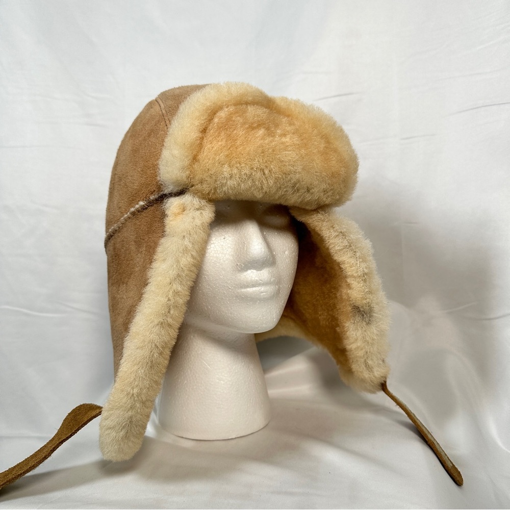 Genuine Shearling Sheepskin Trapper Hat Tan Aviator Winter Warm XL Apres Ski - Picture 5 of 16
